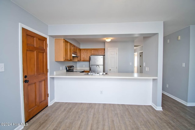 kitchen with kitchen peninsula, hardwood / wood-style floors, stainless steel appliances, and sink