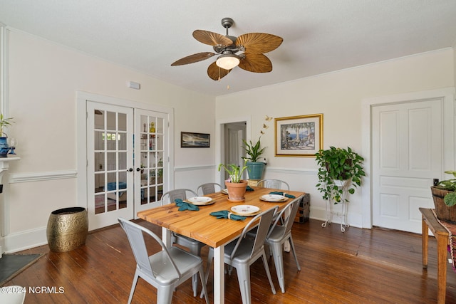 dining space featuring ceiling fan, french doors, and dark hardwood / wood-style floors