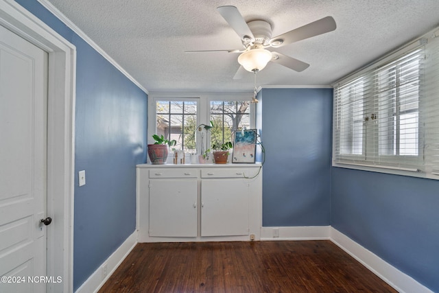 interior space featuring ceiling fan, dark wood-type flooring, a textured ceiling, and ornamental molding