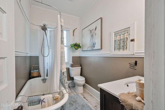 full bathroom with vanity, shower / bath combination with curtain, toilet, and ornamental molding