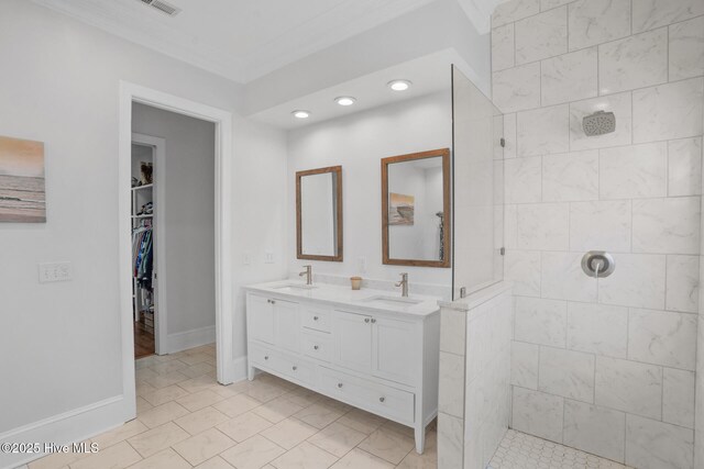 bathroom featuring separate shower and tub and crown molding