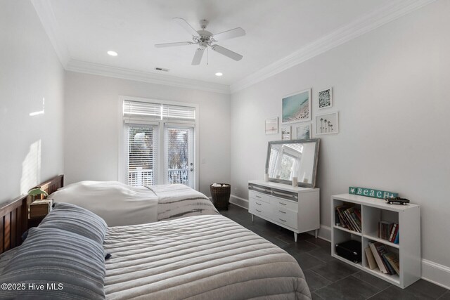 bedroom featuring ceiling fan and ornamental molding