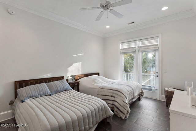 bedroom featuring ceiling fan and crown molding