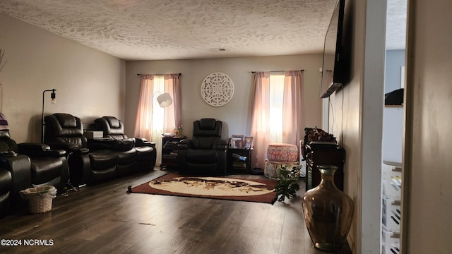 living room featuring a textured ceiling and dark hardwood / wood-style flooring