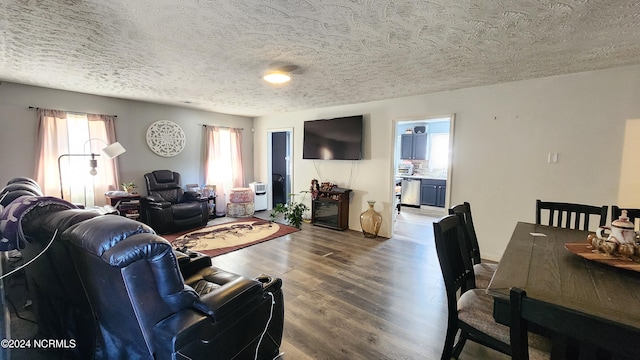 living room featuring hardwood / wood-style floors and a textured ceiling