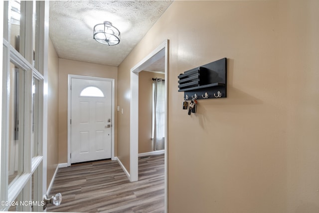 entrance foyer with hardwood / wood-style flooring and a textured ceiling