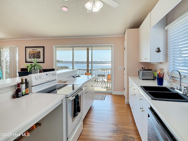 1324 Final Landing Ln, Wilmington, NC 28411 - kitchen with white electric range oven, stainless steel dishwasher, a textured ceiling, plenty of natural light, and light wood-type flooring