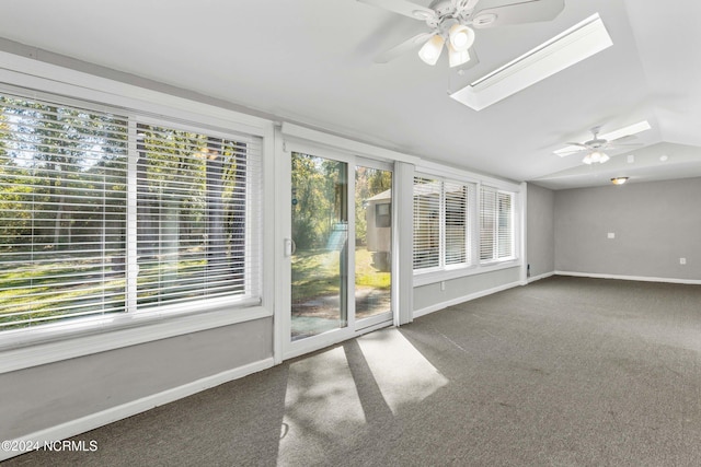 510 Millhouse Rd, Castle Hayne, NC 28429 - carpeted spare room featuring baseboards, lofted ceiling with skylight, and ceiling fan