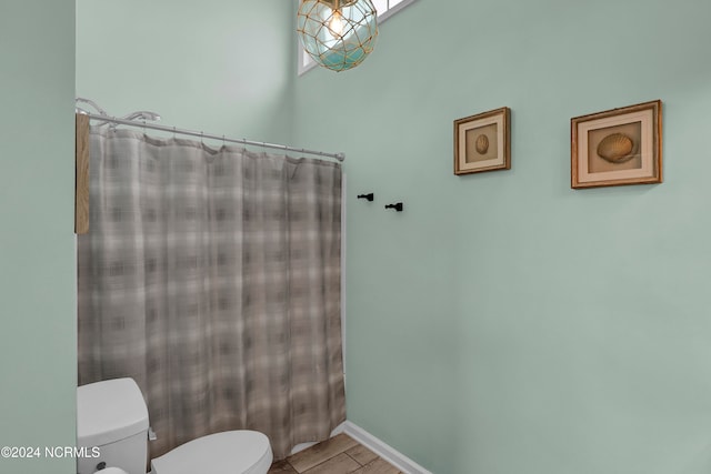 bathroom with toilet and hardwood / wood-style floors