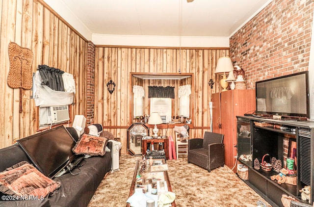 carpeted living room with cooling unit, wooden walls, and brick wall