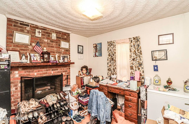 interior space featuring brick wall and a fireplace