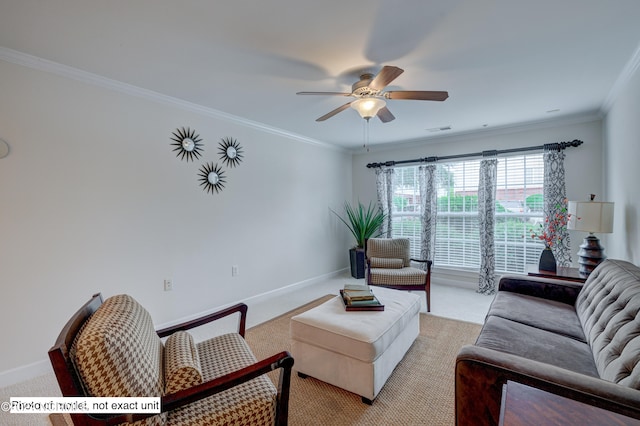 living room featuring light carpet, crown molding, and ceiling fan