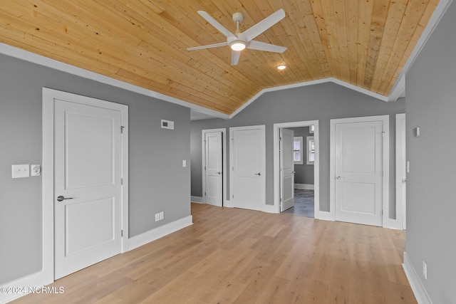 unfurnished room featuring light hardwood / wood-style floors, ceiling fan, wood ceiling, and vaulted ceiling