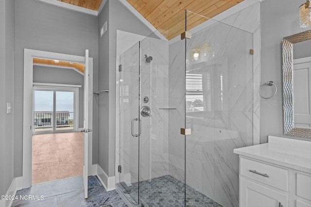 bathroom featuring vaulted ceiling, wooden ceiling, and a shower with shower door