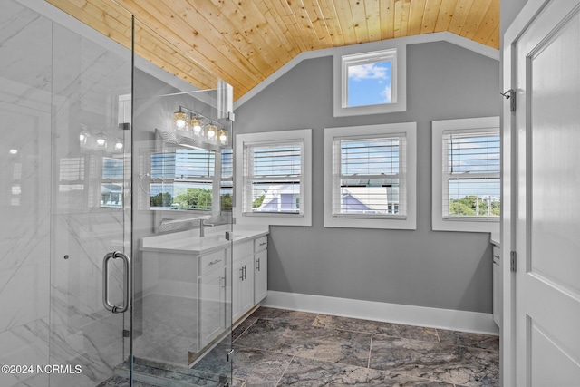 bathroom featuring vanity, an enclosed shower, vaulted ceiling, and wooden ceiling