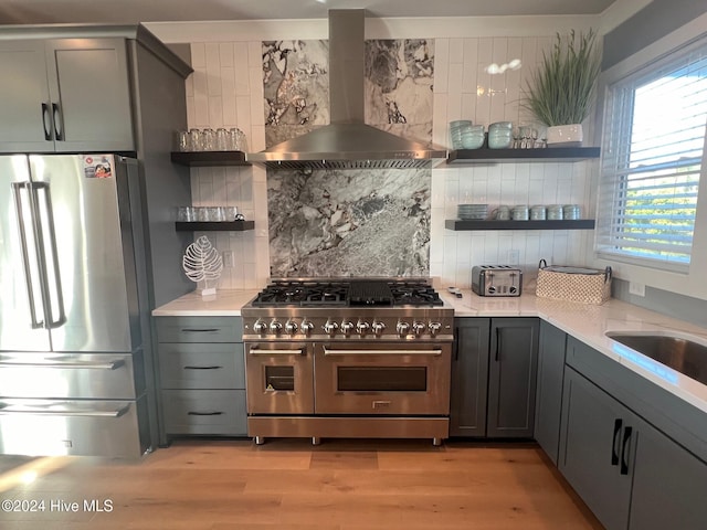 kitchen featuring light wood-type flooring, premium appliances, wall chimney range hood, and backsplash