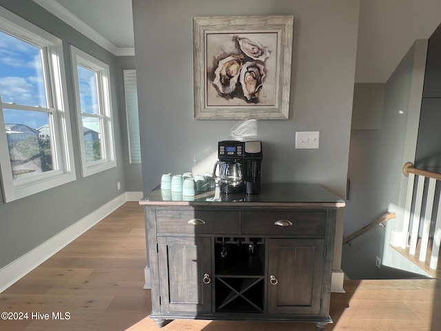 bar featuring a wealth of natural light, dark brown cabinetry, crown molding, and light hardwood / wood-style flooring