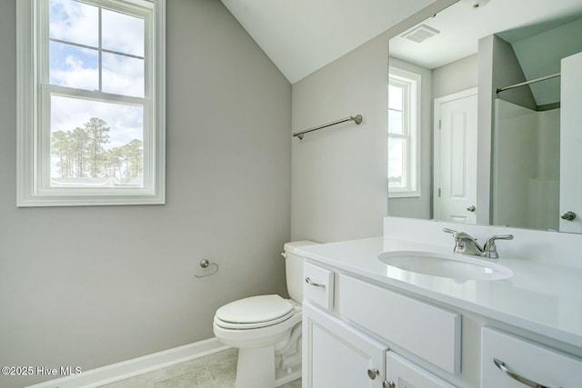 full bath featuring toilet, baseboards, visible vents, tile patterned flooring, and vanity