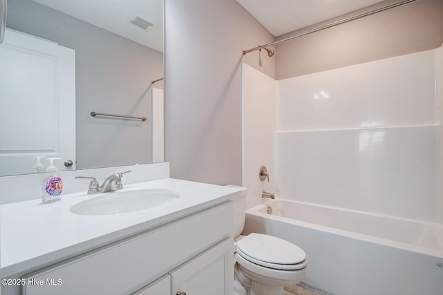full bathroom with shower / bathing tub combination, visible vents, toilet, and vanity