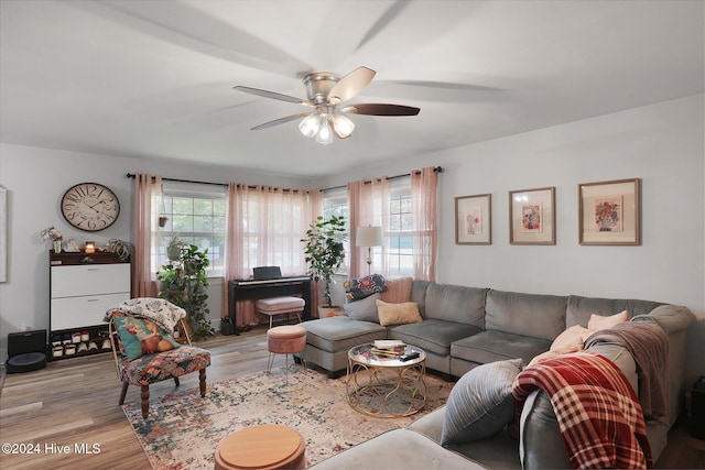 living room featuring light wood-type flooring and ceiling fan