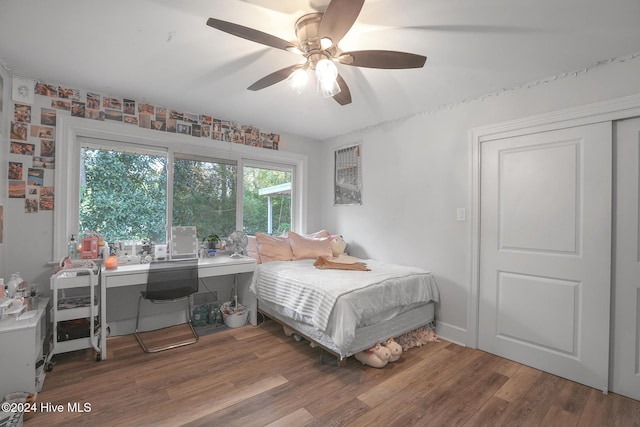 bedroom featuring ceiling fan and wood-type flooring