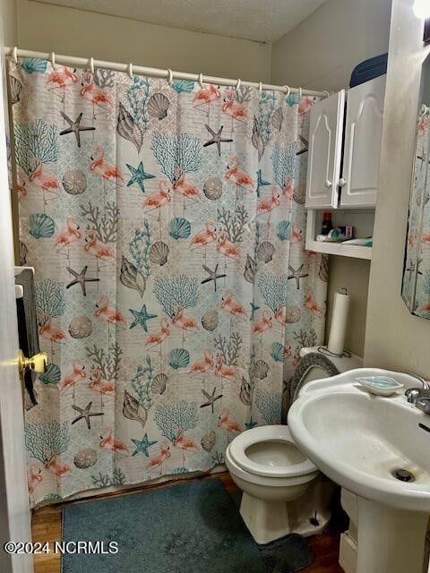 bathroom featuring a textured ceiling, wood-type flooring, toilet, a shower with curtain, and sink