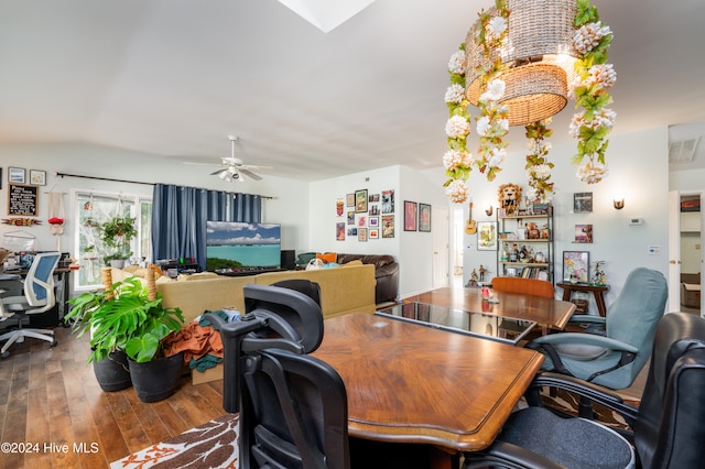 office space with hardwood / wood-style floors and ceiling fan