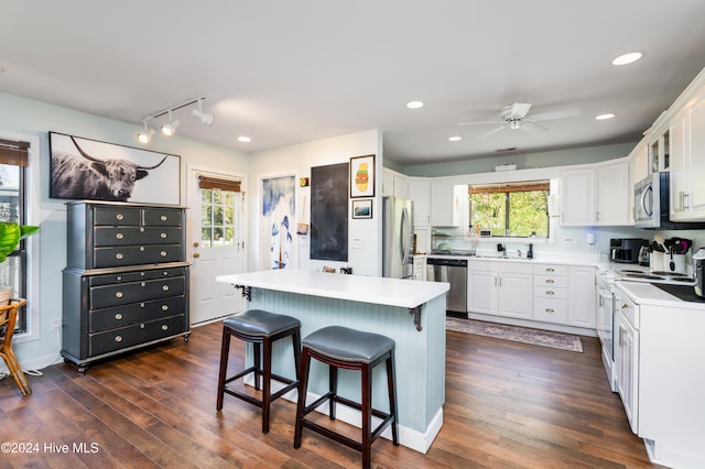 kitchen featuring white cabinets, dark hardwood / wood-style flooring, a center island, and stainless steel appliances