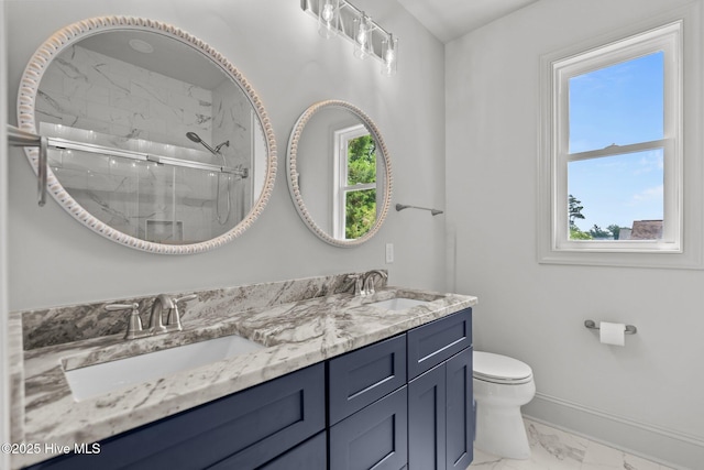 1552 Windsong Dr SW, Ocean Isle Beach, NC 28469 - full bath featuring marble look tile flooring, a marble finish shower, toilet, double vanity, and baseboards