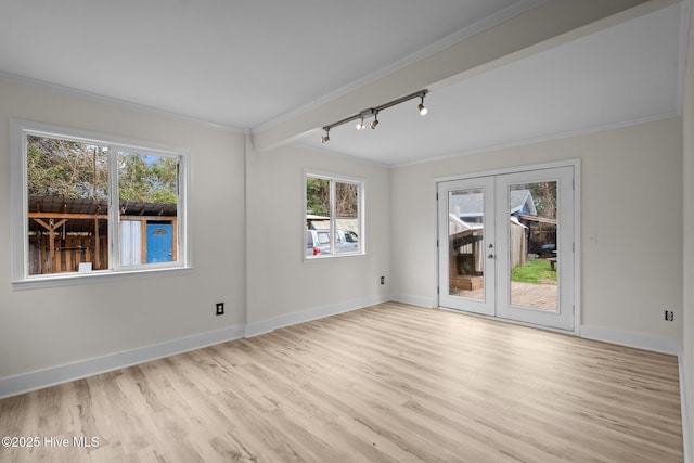 unfurnished room featuring rail lighting, french doors, and a healthy amount of sunlight