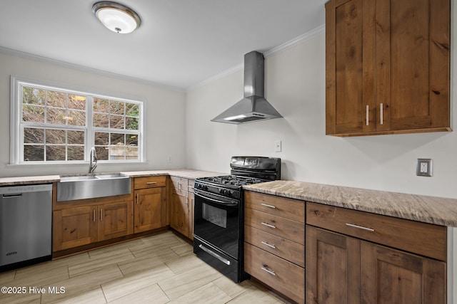 kitchen featuring wall chimney exhaust hood, gas stove, dishwasher, crown molding, and sink