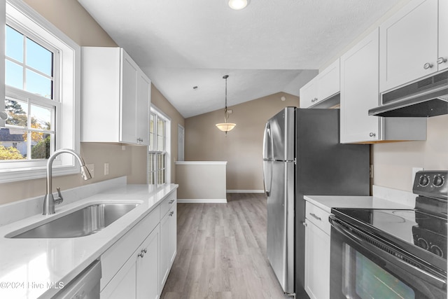 kitchen with sink, black electric range oven, lofted ceiling, white cabinets, and light wood-type flooring