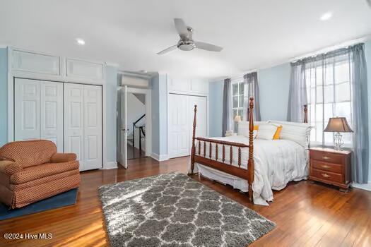 bedroom featuring ceiling fan and dark hardwood / wood-style floors