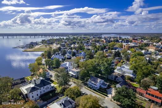 drone / aerial view featuring a water view