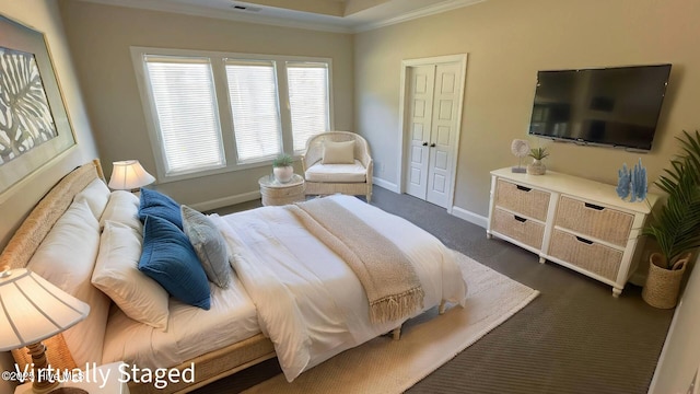 carpeted bedroom featuring crown molding and a closet