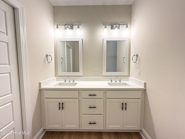 bathroom featuring vanity and wood-type flooring