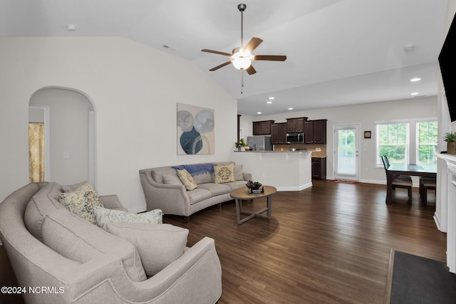 6639 Ramsey St, Fayetteville, NC 28311 - living area with a ceiling fan, lofted ceiling, dark wood finished floors, arched walkways, and recessed lighting