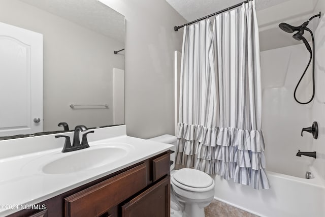 full bathroom with vanity, shower / bathtub combination with curtain, a textured ceiling, and toilet