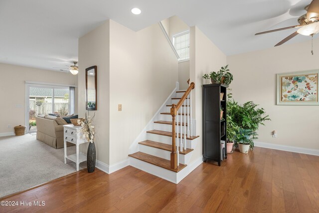 stairway with ceiling fan and hardwood / wood-style floors