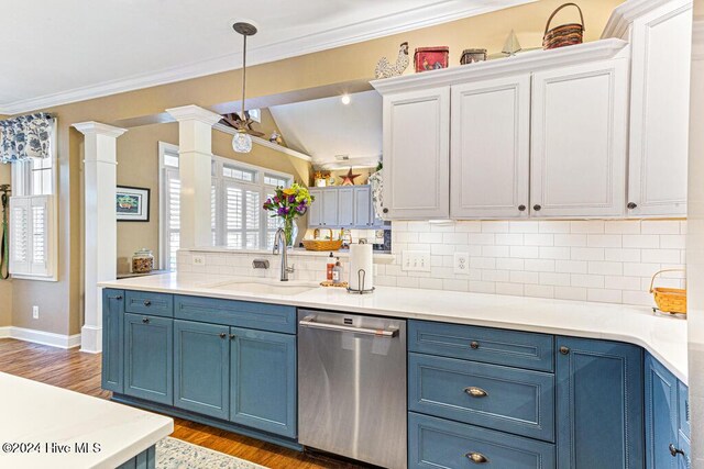 154 Horizon Trl, Aberdeen, NC 28315 - kitchen featuring stainless steel dishwasher, blue cabinetry, a sink, decorative backsplash, and ornamental molding