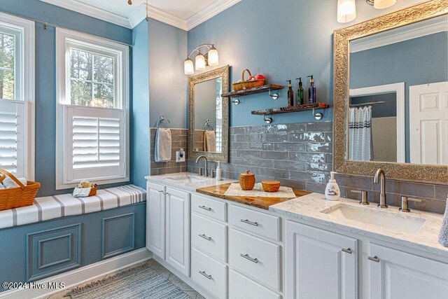 154 Horizon Trl, Aberdeen, NC 28315 - full bathroom featuring double vanity, decorative backsplash, and ornamental molding