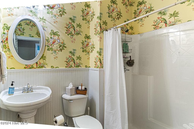154 Horizon Trl, Aberdeen, NC 28315 - full bath with wallpapered walls, a shower with curtain, toilet, wainscoting, and a sink