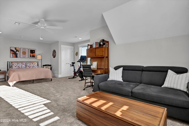 carpeted bedroom with ceiling fan