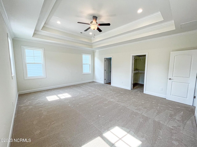 unfurnished bedroom featuring a tray ceiling, a spacious closet, ceiling fan, and ornamental molding