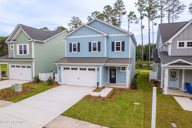 view of front of property with covered porch, a garage, and a front lawn