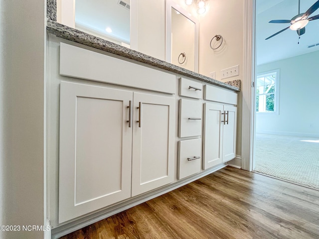 details with wood-type flooring and ceiling fan