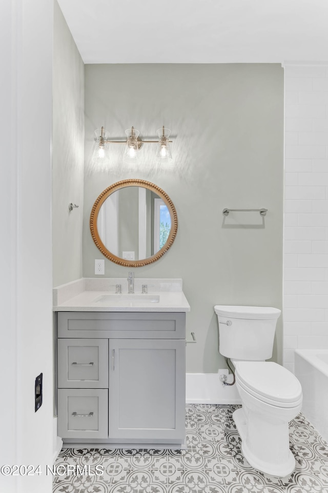 full bathroom with vanity, toilet, separate shower and tub, and tile patterned flooring