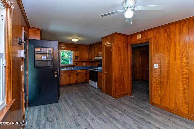 kitchen featuring hardwood / wood-style flooring, wooden walls, sink, electric stove, and ceiling fan