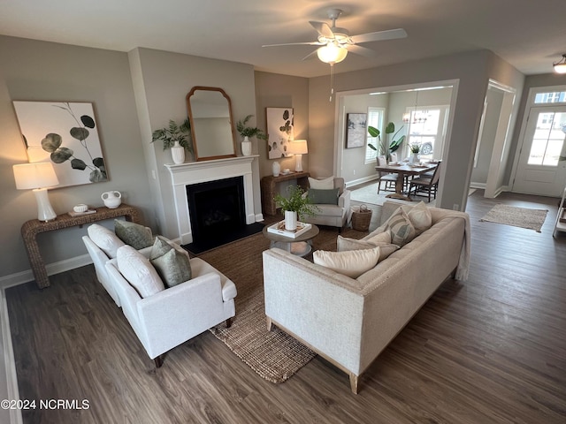 living area with a fireplace, baseboards, wood finished floors, and ceiling fan with notable chandelier