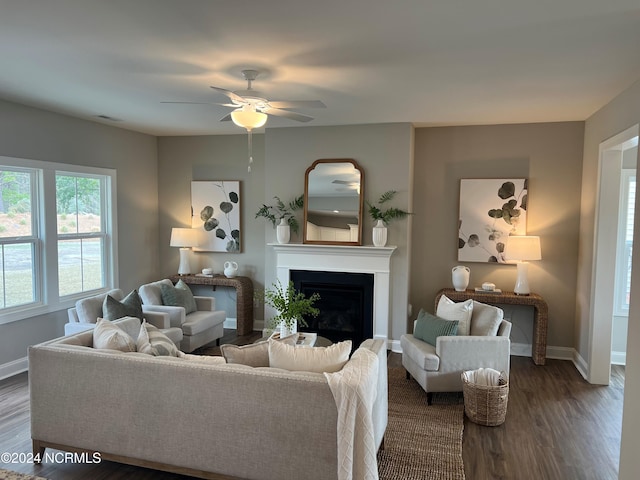 living room featuring dark wood-style floors, a fireplace, and baseboards